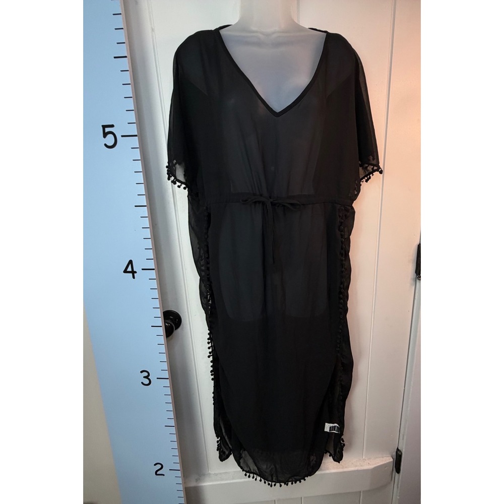 Shein Goth Black Sheer Witchy Mob Wife Cover-Up Poms Slits Tie Medium Women's